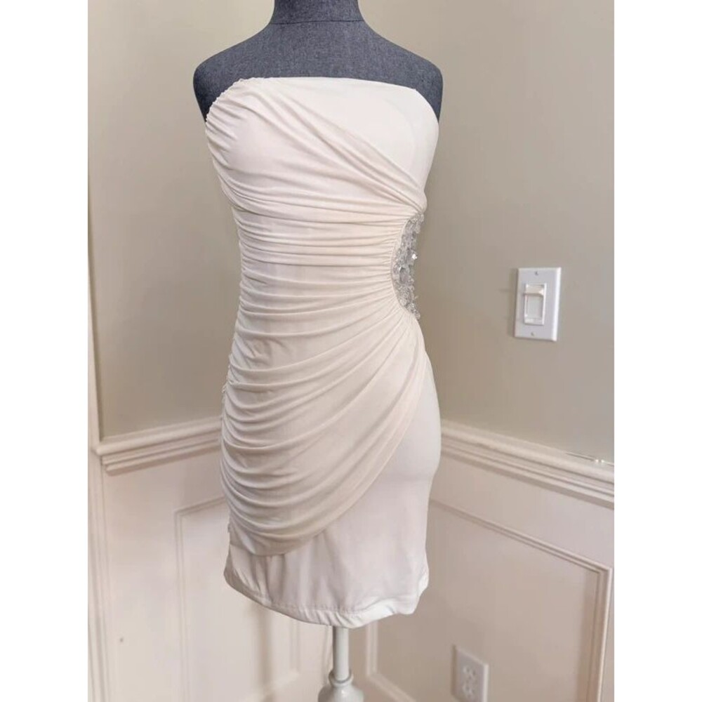 DEB White Strapless Ruched Rhinestone Y2K Mini Dress Size S HOCO